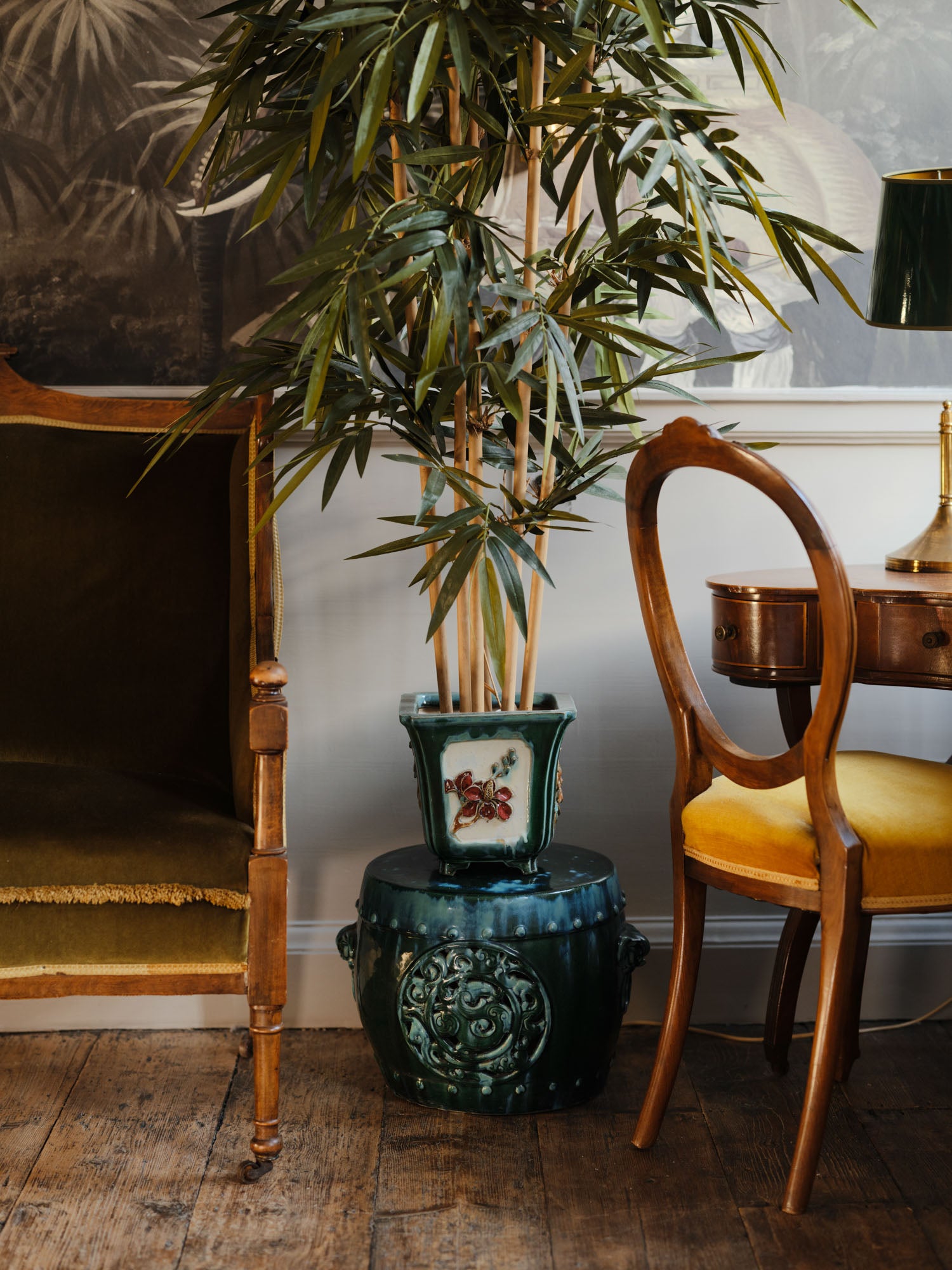 green ceramic stool, cantonese chinese. bamboo, home interior design