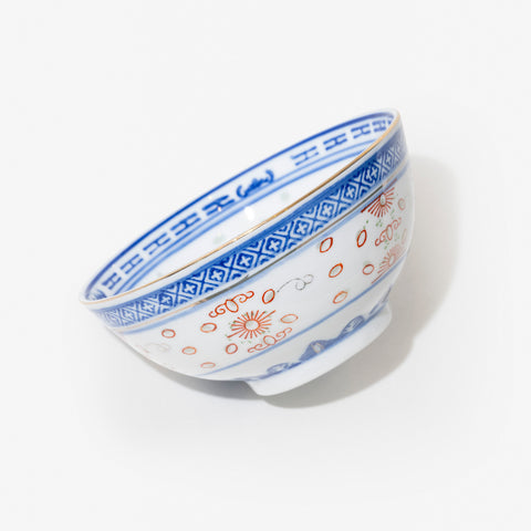 Linglong Blue & White Porcelain Bowl with Red Overglaze Enamel, Gilt Rim