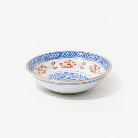 Linglong Blue & White Porcelain Saucer with Red Overglaze Enamel, Gilt Rim