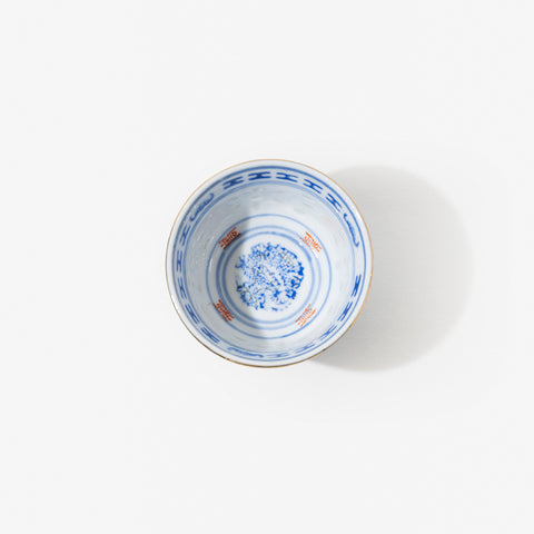 Linglong Blue & White Porcelain Teacup with Red Overglaze Enamel, Gilt Rim