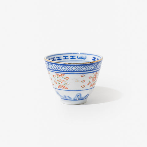 Linglong Blue & White Porcelain Teacup with Red Overglaze Enamel, Gilt Rim