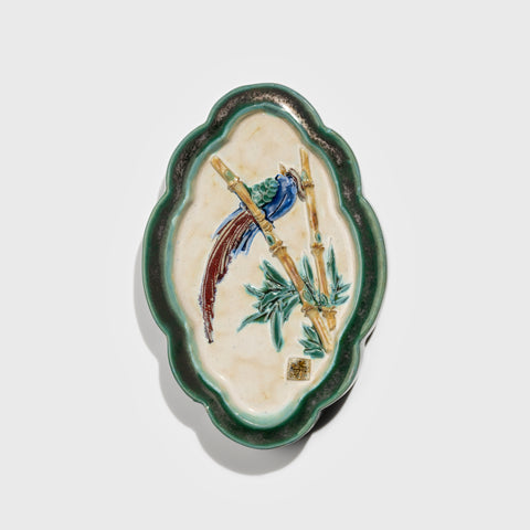 Shiwan handcrafted ceramic wall art depicting bamboo, traditional Chinese hanging vase with Cantonese glaze technique.