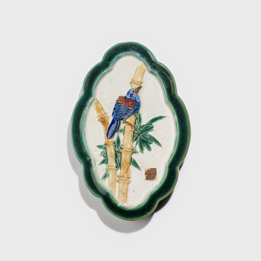 Shiwan handcrafted ceramic wall art depicting bamboo, traditional Chinese hanging vase with Cantonese glaze technique.
