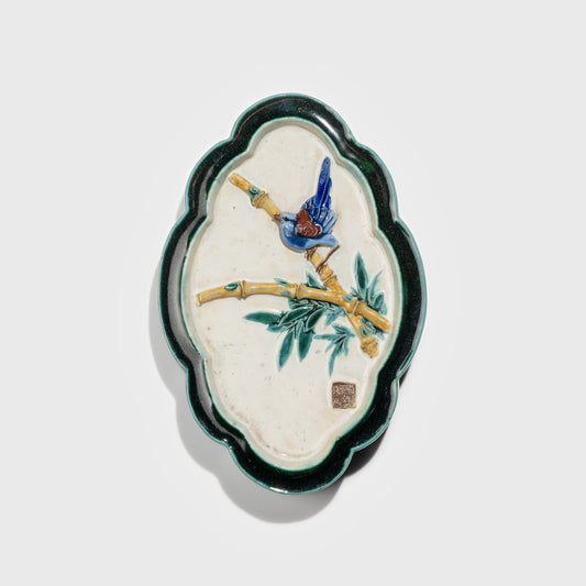 Shiwan handcrafted ceramic wall art depicting bamboo, traditional Chinese hanging vase with Cantonese glaze technique.