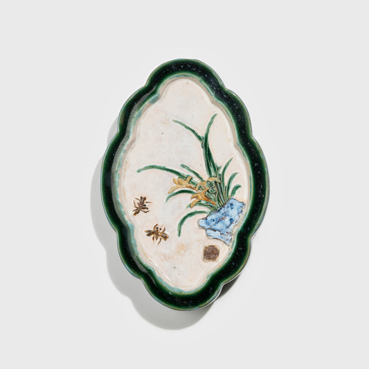 Shiwan handcrafted ceramic wall art depicting orchid, traditional Chinese hanging vase with Cantonese glaze technique.