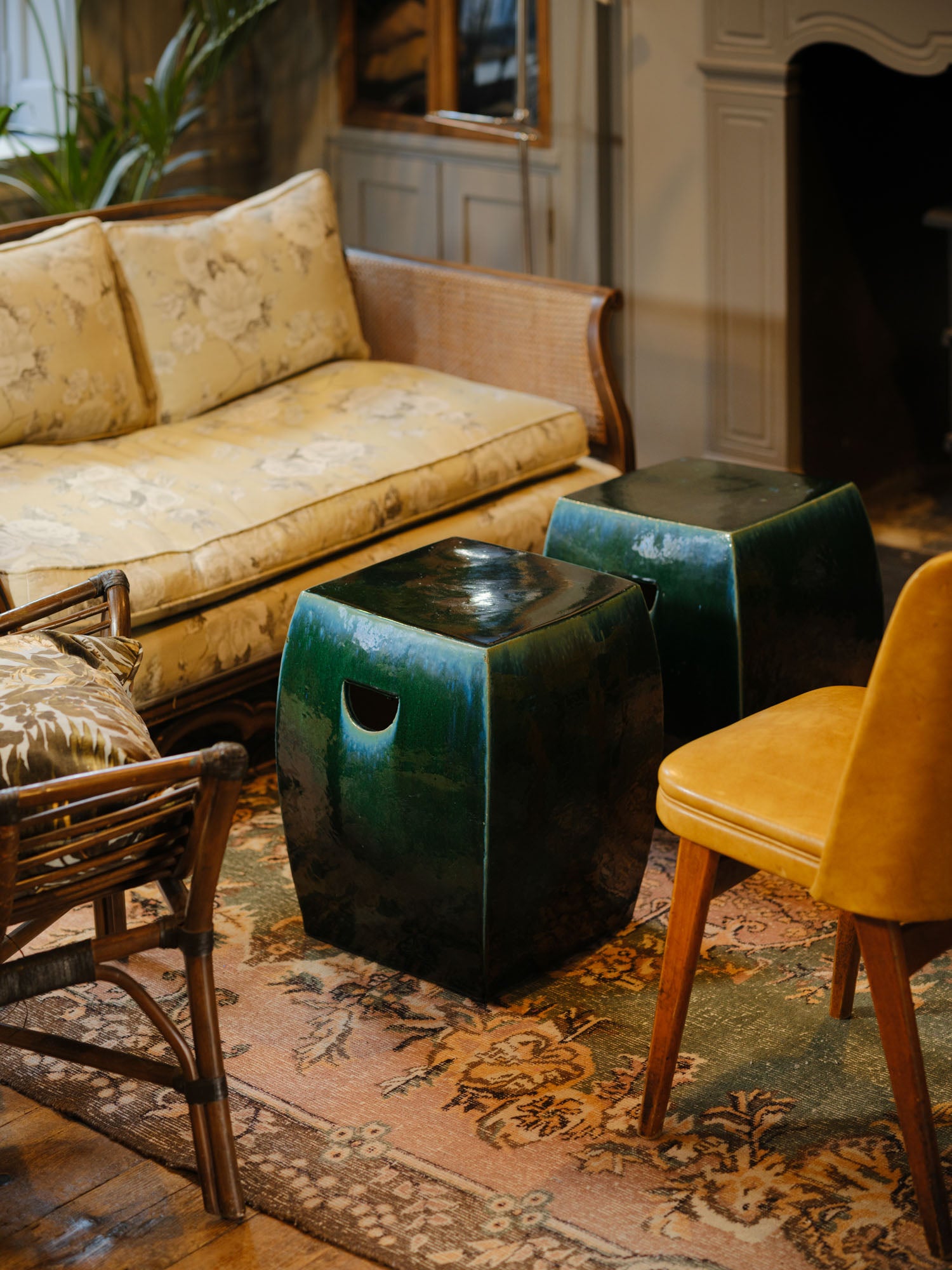Green ceramic stool in English Living Room – handcrafted by Hog Lane.